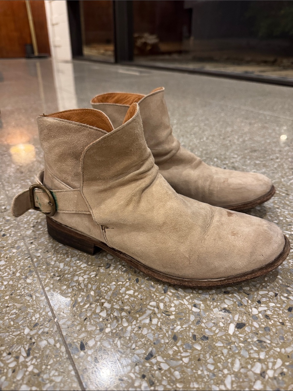Fiorentini + Baker Beige Suede Ankle Booties with Side Buckle